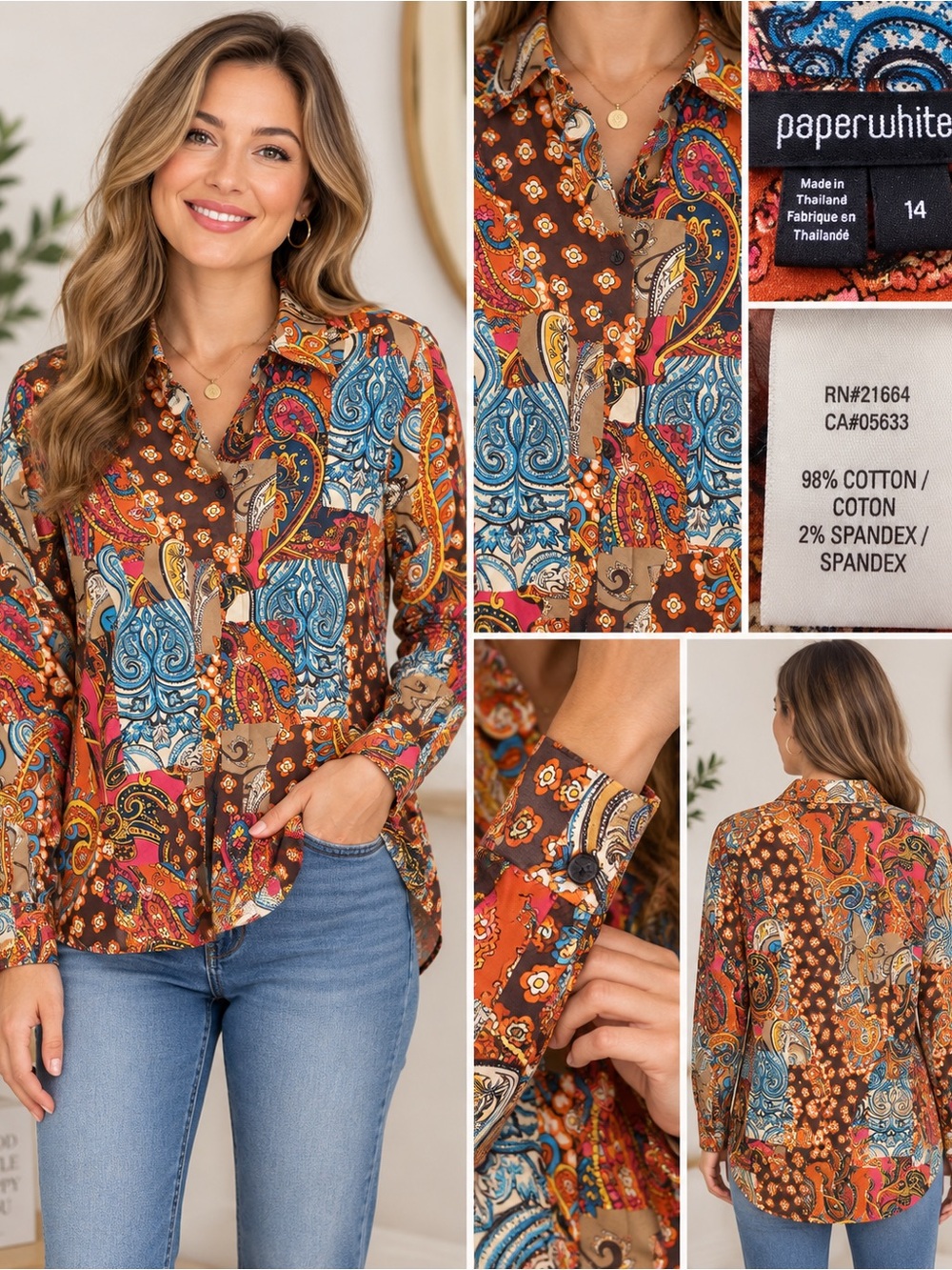 Paperwhite Brown Multi Paisley Patchwork Button-Down Shirt